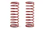 Two red metal coil shock springs for RC vehicles, shown side-by-side against a white background.