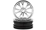Two chrome Weld Racing style RC drag racing front wheels stacked on a white background.