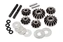 A set of metal differential gears, pins, washers, and O-rings for an RC vehicle, arranged on a white background.