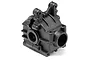 A black plastic gearbox case for a Maverick Blackout RC vehicle, shown from a high-angle studio perspective.