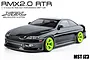 A studio shot of the MST RMX 2.0 JZ3 RC drift car in black with bright green wheels, set against a white background with product branding text.