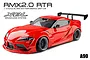 A red MST RMX 2.0 A90RB RC drift car on a white background with text overlays describing the model and brushless system.