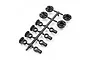 A black plastic parts tree containing various RC shock absorber components, including spring retainers and rod ends, on a white background.