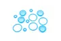 A collection of light blue silicone shock membranes and O-rings for RC car suspension, arranged on a white background.