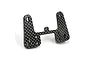 A black carbon fiber front shock tower for a Kyosho Optima Mid RC car, featuring multiple mounting holes and a woven texture.