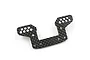 A black carbon fiber rear camber link mount for a Kyosho Optima Mid RC car, featuring multiple mounting holes and a woven texture.