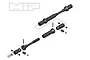A technical diagram showing the assembly of an MIP X-Duty center drive shaft kit for an RC vehicle, including the assembled unit and exploded view components.