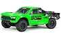ARRMA Senton 4x2 Boost short course RC truck in bright green with black decals and off-road tires, studio shot on white background.