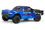 ARRMA Senton 4x2 Boost short course truck in blue with black graphics, shown from a side-angle view on a white background.