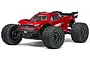 A red ARRMA VORTEKS 4X2 Boost 1/10 scale RC stadium truck on a white background.