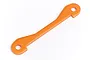 An orange anodized aluminium suspension arm pin brace for HPI RC vehicles, featuring a flat, elongated shape with a circular mounting hole at each end.