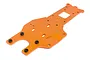 An orange anodized aluminium rear chassis plate for an HPI Baja 5B RC car, featuring multiple mounting holes and three pre-installed black threaded inserts.