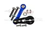 GPM Racing black aluminium 23T servo horn with blue tie rod and mounting hardware on a white background.