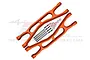 Two orange anodized aluminium RC suspension arms with metal pins and washers, set against a white background with a faint GPM logo.