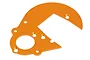 An orange anodized aluminum gear plate for HPI Baja RC vehicles, featuring multiple mounting holes and a central cutout.