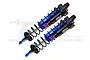Two GPM Racing blue and black aluminium piggyback shock absorbers for RC cars, featuring black springs and red adjustment collars.