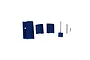 A set of blue plastic RC airplane nose gear door components and hardware on a white background.