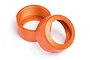 Two orange anodized aluminium shock caps for HPI RC vehicles, shown against a white background.