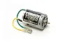 Tamiya RS-540 Torque Tuned brushed motor with green and yellow wires and bullet connectors against a white background.