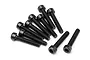 A group of ten black metal cap head screws arranged on a white background.
