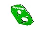 A green anodized aluminium motor plate for Traxxas RC vehicles, featuring the Traxxas logo and various mounting holes.