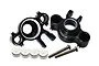 Two black aluminium axle carriers from GPM Racing with four white plastic inserts and two metal screws on a white background.