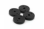 Four black circular shock pistons with two small holes and a central hole, arranged on a white background.
