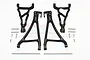 A set of four black aluminium RC suspension arms with included metal pins and screws, arranged on a white background.