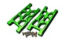 Two green anodized aluminium rear lower suspension arms for an RC car, accompanied by four small metal screws on a white background.