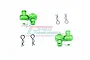 Four green anodized aluminium magnetic body posts and four metal R-clips arranged on a white background with a GPM Racing logo watermark.
