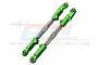 Two GPM Racing green anodised aluminium adjustable steering linkages with silver metal shafts, shown against a white background with a faint logo.