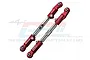 Two GPM Racing red aluminium adjustable steering linkages with silver metal turnbuckles, displayed against a branded background.