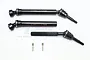 GPM Racing black steel universal swing shaft set for RC cars, including two driveshafts and two small grub screws on a white background.