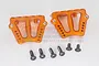 Two orange anodized aluminium motor heatsink mounts with six black screws on a white background.