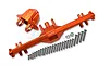 GPM Racing orange anodised aluminium rear differential housing and axle carrier set with included mounting screws on a white background.