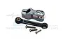 A grey aluminium 25T servo horn, a black tie rod with ball ends, and three metal screws on a white background.