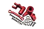 A GPM Racing red aluminium steering assembly set including bell cranks, steering link, bearings, and various screws on a white background.