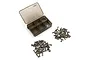 A Yeah Racing titanium screw set for RC cars, featuring a six-compartment storage box and two piles of assorted metal screws on a white background.