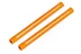 Two orange anodized aluminum hexagonal chassis braces for HPI RC vehicles, shown against a white background.