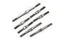 A set of seven silver-coloured metal turnbuckles for an RC car, arranged diagonally on a white background.