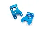 Two blue anodized aluminum shock mounts for Tamiya CC-02 RC cars by Yeah Racing, featuring machined edges and the YR logo.