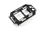 A black anodized aluminium Yeah Racing car stand for Mini-Z RC cars, featuring various measurement markings and cutouts on a white background.