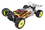 A studio shot of a Team Associated RC10B74.2D 1/10 scale 4WD electric RC buggy with a white, red, and yellow body shell and neon yellow wheels.