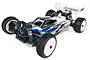 A fully assembled Team Associated RC10B74.2 1/10 scale 4WD electric RC buggy with a white, blue, and black painted body shell on a white background.