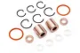 HPI Racing shock rebuild kit components including metal bushings, O-rings, circlips, and plastic washers on a white background.