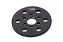 A black CNC machined spur gear with 100 teeth, featuring a central mounting hole and multiple surrounding holes, isolated on a white background.