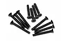 A set of twelve black flat-head machine screws with Phillips drive heads arranged on a white background.