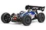 Studio shot of an ARRMA Typhon 6S TLR Tuned 1/8 scale RC buggy in red, white, and blue livery on a white background.