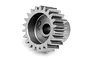 A close-up studio shot of a silver metal pinion gear with 22 teeth, showing the central bore and stamped '22' marking.