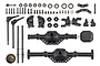 A flat-lay view of the Element RC Enduro Axle Kit components, including axle housings, drive shafts, bearings, screws, and plastic suspension parts.